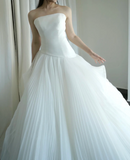 Modest Strapless Ball Gown Satin Wedding Dress, White Tulle Ruffles Bridal Gowns HZ1121