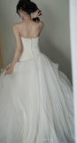 Modest Strapless Ball Gown Satin Wedding Dress, White Tulle Ruffles Bridal Gowns HZ1121