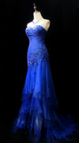 Modest Sweetheart Sheath Tulle Beaded Long Prom Dresses, Royal Blue Formal Evening Dresses HZ1121
