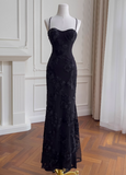 Elegant Spaghetti-Strap Sheath Chiffon Appliqu¨¦d Long Prom Dresses, Black Formal Evening Dresses HZ1121