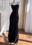 Elegant Spaghetti-Strap Sheath Chiffon Appliqu¨¦d Long Prom Dresses, Black Formal Evening Dresses HZ1121