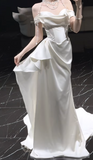 Timeless Off-the-shoulder Sheath Satin Luxury Wedding Dress, White Bridal Gowns HZ1121