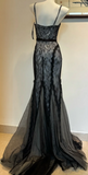 Chic Spaghetti Strap Mermaid Lace Long Prom Dresses, Black Formal Evening Dresses HZ1121