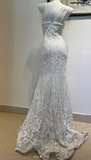 Elegant Spaghetti Strap Mermaid Beaded Chiffon Long Prom Dresses, White Beaded Formal Evening Dresses HZ1121