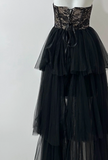 Elegant Strapless Sheath Lace Long Prom Dresses, Black Formal Evening Dresses HZ1121