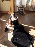 Elegant Square Neck A-line Velvet Long Prom Dresses, Black Evening Dresses HZ1121