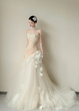 Modest Mermaid Tulle Wedding Dress, Spaghetti Straps Bridal Gowns HZ1121