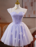 Sweet Off-the-shoulder A-Line Tulle Short Prom Dresses, Purple Homecoming Dresses HZ1121