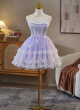 Sweet Strapless A-Line Tulle Lace Short Prom Dresses, Purple Homecoming Dresses HZ1121