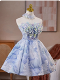 Sweet Strapless A-Line Short Prom Dresses, Blue Homecoming Dresses HZ1121
