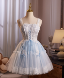 Glam Strap A-Line Tulle Lace Short Prom Dresses, Sky Blue Homecoming Dresses HZ1121