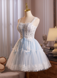 Glam Strap A-Line Tulle Lace Short Prom Dresses, Sky Blue Homecoming Dresses HZ1121