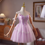 Gorgeous Spaghetti Strap A-Line Tulle Short Prom Dresses, Purple Homecoming Dresses HZ1121