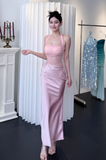 Elegant Halter Sheath Satin Long Evening Dresses, Pink Formal Dresses HZ1121