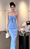 Elegant Strapless Sheath Satin Long Prom Dresses,Blue Formal Evening Dresses HZ1121
