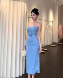 Elegant Strapless Sheath Satin Long Prom Dresses,Blue Formal Evening Dresses HZ1121