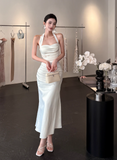Chic Halter Sheath Satin Evening Dresses,White Formal Dresses HZ1121