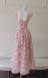 Chic Straps Sheath Tulle Applique Long Prom Dresses,Pink Formal Evening Gowns HZ1121