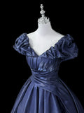 Gorgeous A-Line Off Shoulder Satin Dark Blue Long Prom Dress, Dark Blue Long Formal Dress HZ1121