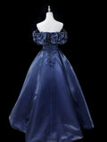 Gorgeous A-Line Off Shoulder Satin Dark Blue Long Prom Dress, Dark Blue Long Formal Dress HZ1121