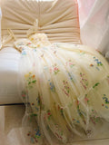 Cute Straps A-Line Tulle Floral Long Prom Dresses, Pale Yellow Formal Evening Dresses HZ1121