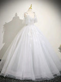 Cute V neck A-Line Tulle Long Prom Dresses, White Sweet 16 Dresses HZ1121