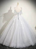 Cute V neck A-Line Tulle Long Prom Dresses, White Sweet 16 Dresses HZ1121