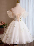 Gorgeous Off-the-shoulder A-Line Tulle Short Prom Dresses, White Homecoming Dresses HZ1121
