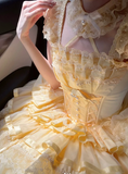 Sweet Square Neck Ball Gown Lace Birthday Dresses Yellow Lolita Dresses HZ1121