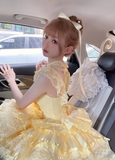 Sweet Square Neck Ball Gown Lace Birthday Dresses Yellow Lolita Dresses HZ1121