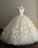 Timeless Strapless Ball Gown Tulle Flower Wedding Dresses, Ivory Bridal Gowns HZ1121