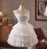 Simple Spaghetti Strap Tulle Lace Wedding Dresses White Short Bridal Gowns HZ1121