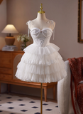 Simple Spaghetti Strap Tulle Lace Wedding Dresses White Short Bridal Gowns HZ1121