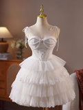 Simple Spaghetti Strap Tulle Lace Wedding Dresses White Short Bridal Gowns HZ1121