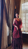 Retro Spaghetti Strap Sheath Long Prom Dresses With Beaded Burgundy Long Formal Dresses HZ1121