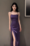 Sexy Spaghetti Strap Sheath Open Back Prom Dresses Satin Purple Formal Dresses with Slits HZ1121