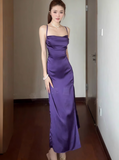 Sexy Spaghetti Strap Sheath Open Back Prom Dresses Satin Purple Formal Dresses with Slits HZ1121