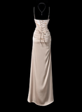Chic Spaghetti Strap Sheath Wedding Guest Dress, Satin Champagne Formal Dresses HZ1121