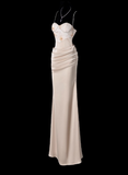 Chic Spaghetti Strap Sheath Wedding Guest Dress, Satin Champagne Formal Dresses HZ1121
