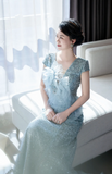 Glitter V neck Mermaid Mother of the Bride Dresses, Sequined Tulle Blue Evening Dresses HZ1121