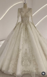 White A-Line Luxury Wedding Dresses, Tulle Beaded V-Neck Bridal Gowns Long Sleeve Applique Bridal Dresses HZ1121