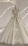 White A-Line Luxury Wedding Dresses, Tulle Beaded V-Neck Bridal Gowns Long Sleeve Applique Bridal Dresses HZ1121