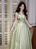 Gorgeous V-neck A-Line Long Prom Dresses Satin Sleeveless Formal Dresses Green Birthday Dresses HZ1121