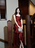 Gorgeous Sheath Long Prom Dresses Satin Sleeveless Formal Dresses Ruffle Burgundy Birthday Dresses HZ1121