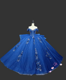 Gorgeous Off-the-Shoulder Ball Gown Tulle Applique Long Prom Dresses Royal Blue Quinceanera Dresses Sparkly Sweet 16 Dresses HZ1121