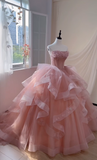 Gorgeous Strapless Ball Gown Tulle Applique Long Prom Dresses Pink Quinceanera Dress Sleeveless Sweet 16 Dresses HZ1121
