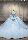 Gorgeous Off-the-shoulder Ball Gown Tulle Long Prom Dresses Applique Blue Quinceanera Dresses Sweet 16 Dress HZ1121