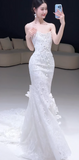 Timeless Strapless Mermaid Long Wedding Dresses Lace Applique White Bridal Gowns HZ1121