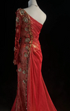 Elegant One Shoulder Sheath Long Evening Dresses Satin Red Prom Dresses HZ1121