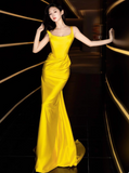 Glam Strap Sheath Long Prom Dresses Satin Yellow Evening Dresses HZ1121